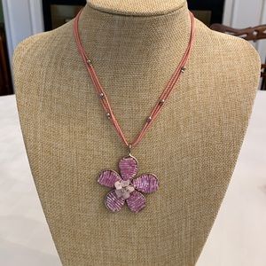 Pink Flower Necklace Charm Silver Beads Summertime Pendant Cord Chain Preppy